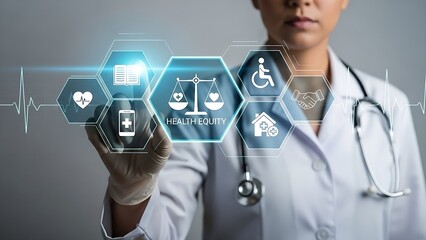 Doctor touching health equity icons representing fairness, accessibility, and knowledge in healthcare