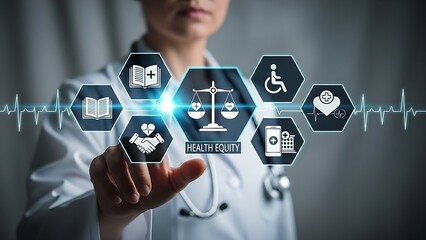 Doctor touching health equity icons representing fairness, accessibility, and knowledge in healthcare
