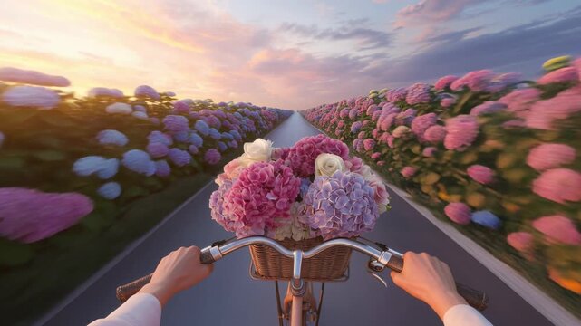 Peaceful rural bicycle trip with hydrangeas in basket under warm sunset sky