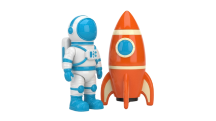 Toy astronaut and orange rocket isolated PNG, space exploration concept for kids room decor and educational resources, on transparent background