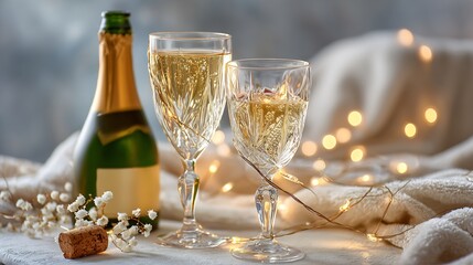Minimal luxury New Year table setup featuring champagne bottle crystal glass soft fairy light neutral background elegant lighting shallow depth of field refined lifestyle stock photography style copy