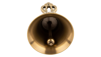 Antique brass hand bell isolated PNG, vintage musical instrument for traditional events and religious ceremonies on transparent background