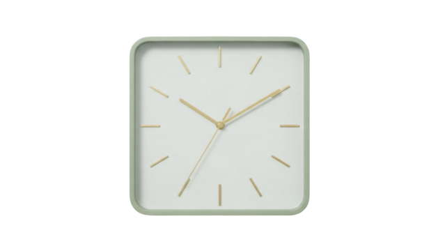 Square mint green wall clock PNG isolated on transparent background, modern timekeeping device for home decor and office use - Powered by Adobe