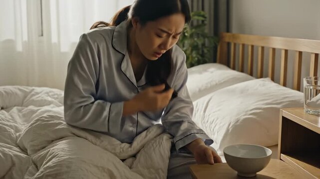 Asian woman feeling nauseous in bed while experiencing morning sickness or illness, concept of health and pregnancy