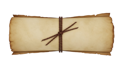 Aged parchment scroll PNG isolated on transparent background, antique paper roll tied with rope for historical documents and treasure maps