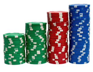 Four stacks of poker chips in green, white, red, and blue against a black background