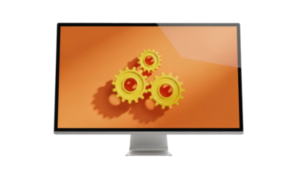 Modern computer monitor with gears on screen isolated PNG, technology concept for business solutions and automation, on transparent background
