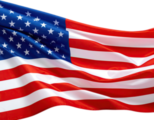Close-up of American flag waving against a black background. Stars and stripes visible