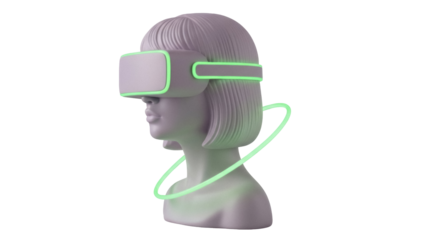 Female mannequin head with VR headset isolated PNG on transparent background, virtual reality technology and futuristic concept