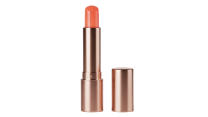Peach lipstick isolated PNG on transparent background, elegant makeup product for beauty and cosmetic use, with a metallic rose gold tube