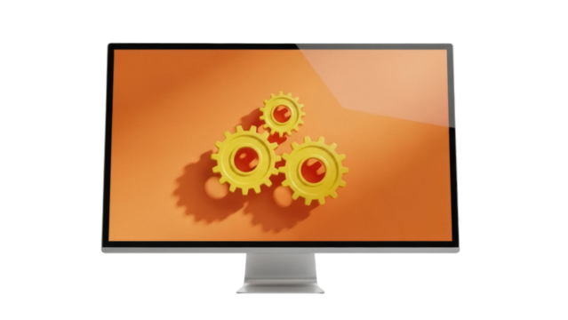 Modern computer monitor with gears on screen isolated PNG, technology concept for business solutions and automation, on transparent background - Powered by Adobe
