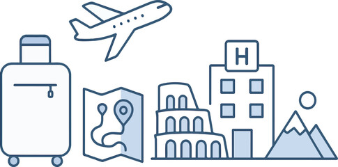 Collection of blue line art travel icons featuring a suitcase airplane map hotel and famous landmark for vacation planning