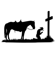 Kneeling Cowboy in Front of the big Cross Vector Illustration