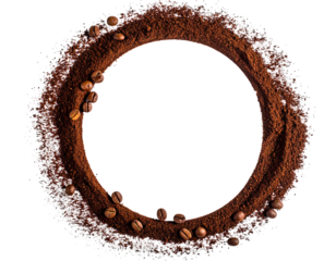 A ring of ground coffee and beans surrounds an empty black circle. Grains also sprinkled below
