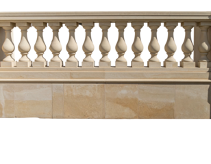 Close-up of ornate balustrade with cream-colored pillars and sandstone brick base