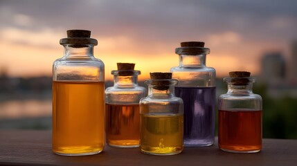 A collection of small glass reagent bottles filled with colorful liquids sealed with cork stoppers set against a twilight sky