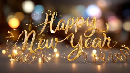 Sophisticated New Year greeting Happy New Year written elegant calligraphy style lettering soft golden glow dark blurred background luxury festive mood refined lighting premium commercial stock