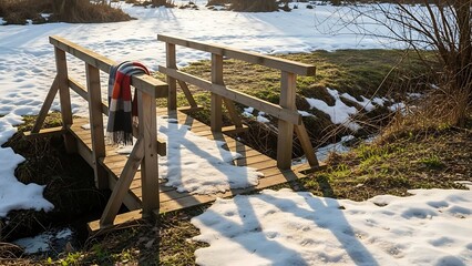 Wooden bridge with scarf hanging on railing in snowy landscape