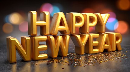 Three dimensional New Year typography Happy New Year written in bold 3D letters realistic depth soft reflections dark elegant background dramatic lighting