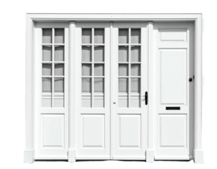 A white wooden entrance door with multiple glass panes and a small side door