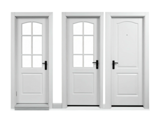 Three white paneled doors with different window designs, side-by-side, on a white background