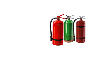 Obraz premium Three colorful fire extinguishers, red, green, and brown, arranged on black background
