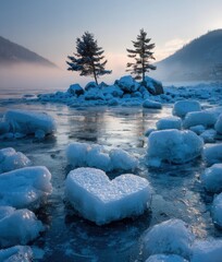 Herzf&ouml;rmige Eisscholle in ruhiger Winterlandschaft mit vereistem Fluss