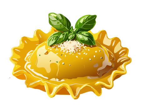 Italian ravioli pasta with creamy sauce and fresh basil leaf topping for authentic mediterranean dinner menu - Vector Illustration