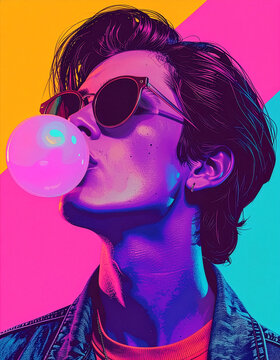 Cool young person in sunglasses blowing bubblegum with vibrant neon synthwave lighting