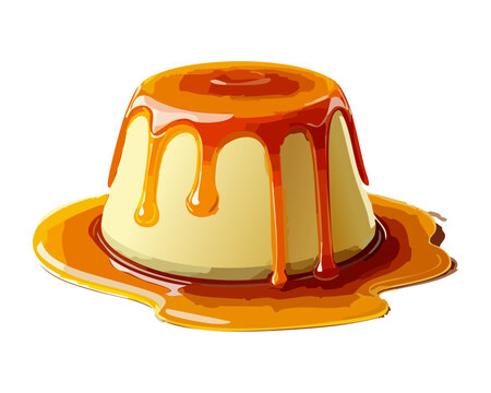 Traditional spanish flan dessert with rich amber caramel sauce and smooth texture for authentic mediterranean cuisine menu - Vector Illustration