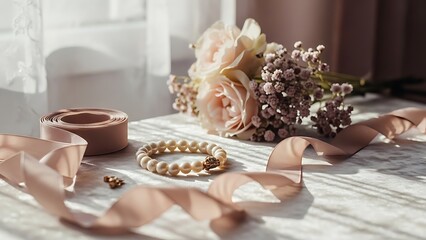 Elegant pearl jewelry and rose flowers on a white table with soft pink ribbons and natural light.