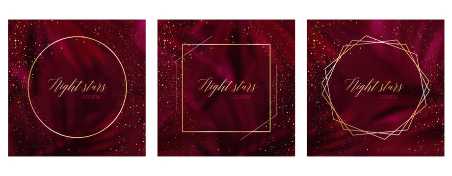 Bright magenta tropical leaves foliage vector background. Burgundy red wedding invitation frame. Art deco card with gold geometric ornament. Wine colored save the date. Elegant party template