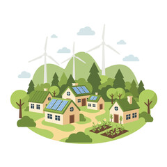 Fototapeta premium Eco-friendly village illustration with solar panels, wind turbines, and vegetable gardens promoting green energy and sustainable living
