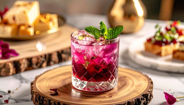 Purple Dragon Fruit Cocktail with Gold Leaf Garnish and Fresh Mint on Wooden Coaster