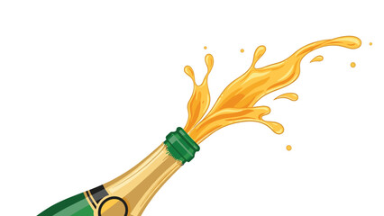 Dynamic champagne bottle with a forceful golden liquid explosion, symbolizing celebration, luxury, festivity, and joyous occasions, bursting upwards against a white background.