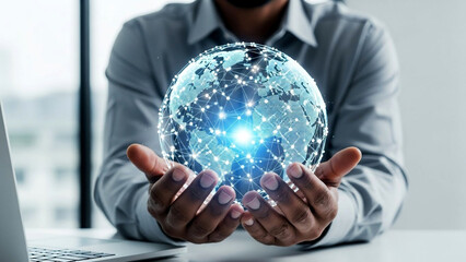 Businessman presenting a glowing digital globe with network connections