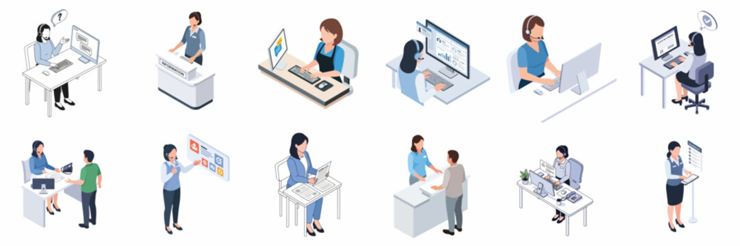 Isometric Detailed Business Woman Activity People at Office Workplace Illustration