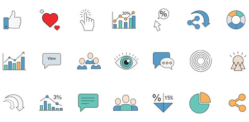 Digital marketing analytics icons social media engagement data analysis web metrics business growth online strategy