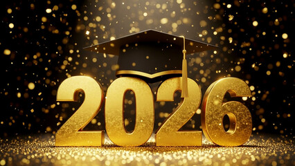 Golden graduation cap with 2026 text and confetti