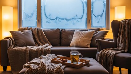 Cozy living room scene with sofa, chair, and tea, indoors, viewed from the front, File reference