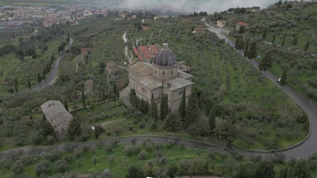 Aerial view of the Renaissance church Santa Maria delle Grazie al Calcinaio near Cortona, Tuscany