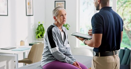 Physiotherapy, tablet and old woman with person for consulting, wellness and medical service. Healthcare, tech and physical therapist with senior patient for diagnosis, arthritis and tendinitis