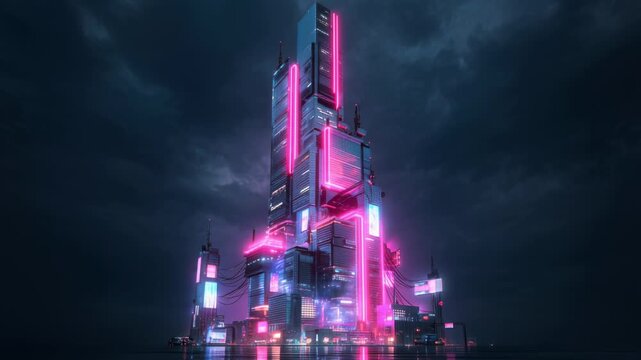 Vertical megastructure glows with pink and cyan lights amid storm clouds