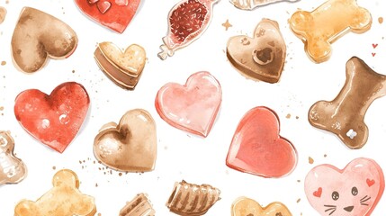 Heart-Shaped Pet Treats: Watercolor Illustration for Dog and Cat Love 