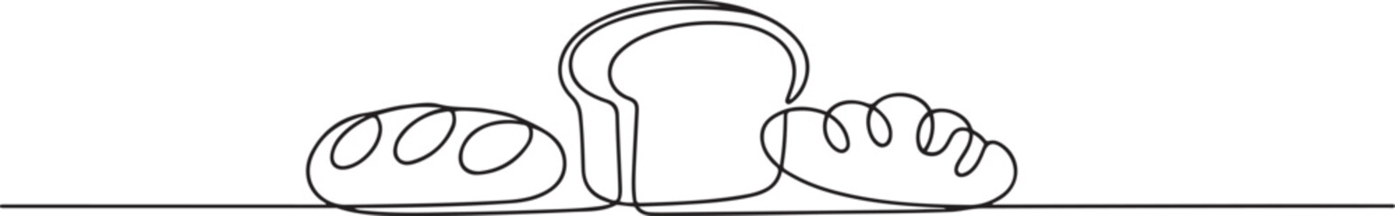 Breads continuous one line isolated on white background. Bakery symbol art drawing. Breads design outline. Editable stroke. one line Icon drawing
