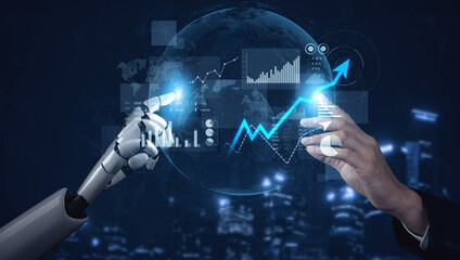 A human hand and a robotic hand touch, symbolizing collaboration with data visualization elements in a dark urban skyline. Ideal for technology and innovation themes. Scalp