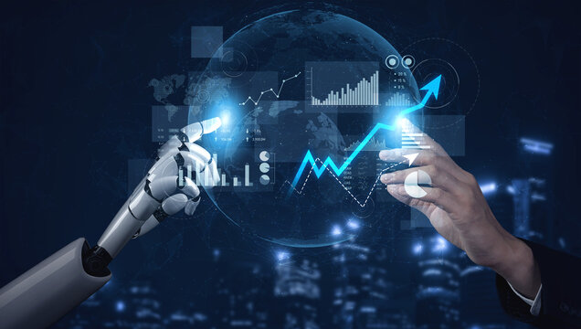 A human hand and a robotic hand touch, symbolizing collaboration with data visualization elements in a dark urban skyline. Ideal for technology and innovation themes. Scalp - Powered by Adobe