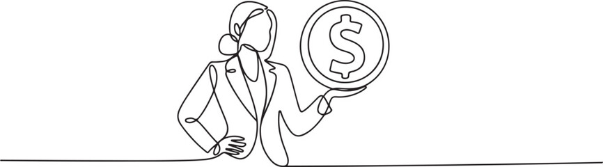 Continuous single line sketch drawing art of business woman with big money coin. One line of saving dollar coins money vector illustration. one line Icon drawing