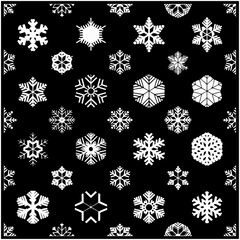 Seamless mixed-style snowflake pattern on black background featuring geometric and minimal elements. Great for versatile winter and holiday projects.