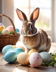 Easter scene of a cute rabbit with a basket and decorated eggs